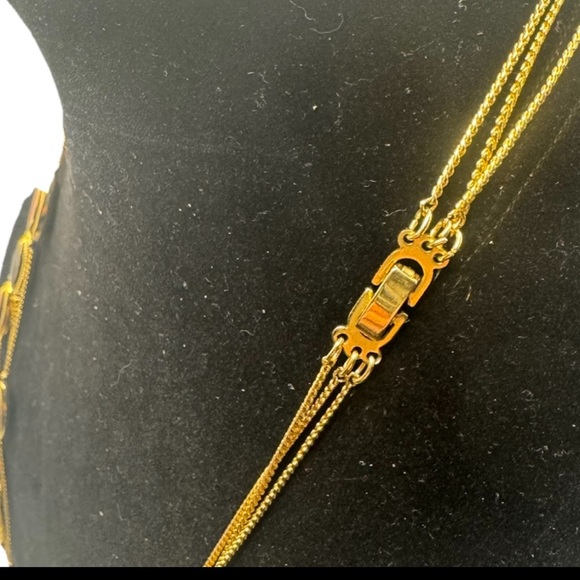 3 Strand Goldtone Elliptical Stones (plastic?) Necklace Vintage. 26” On Shortest - Picture 2 of 4